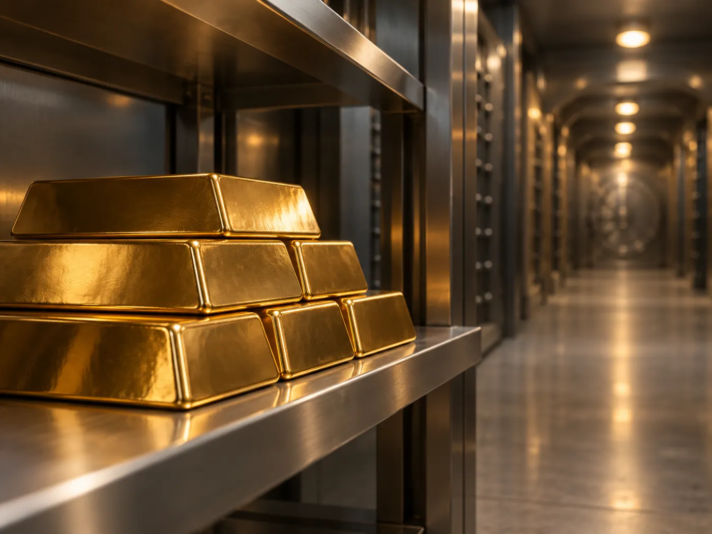 Gold bars on a shelf in a vault corridor