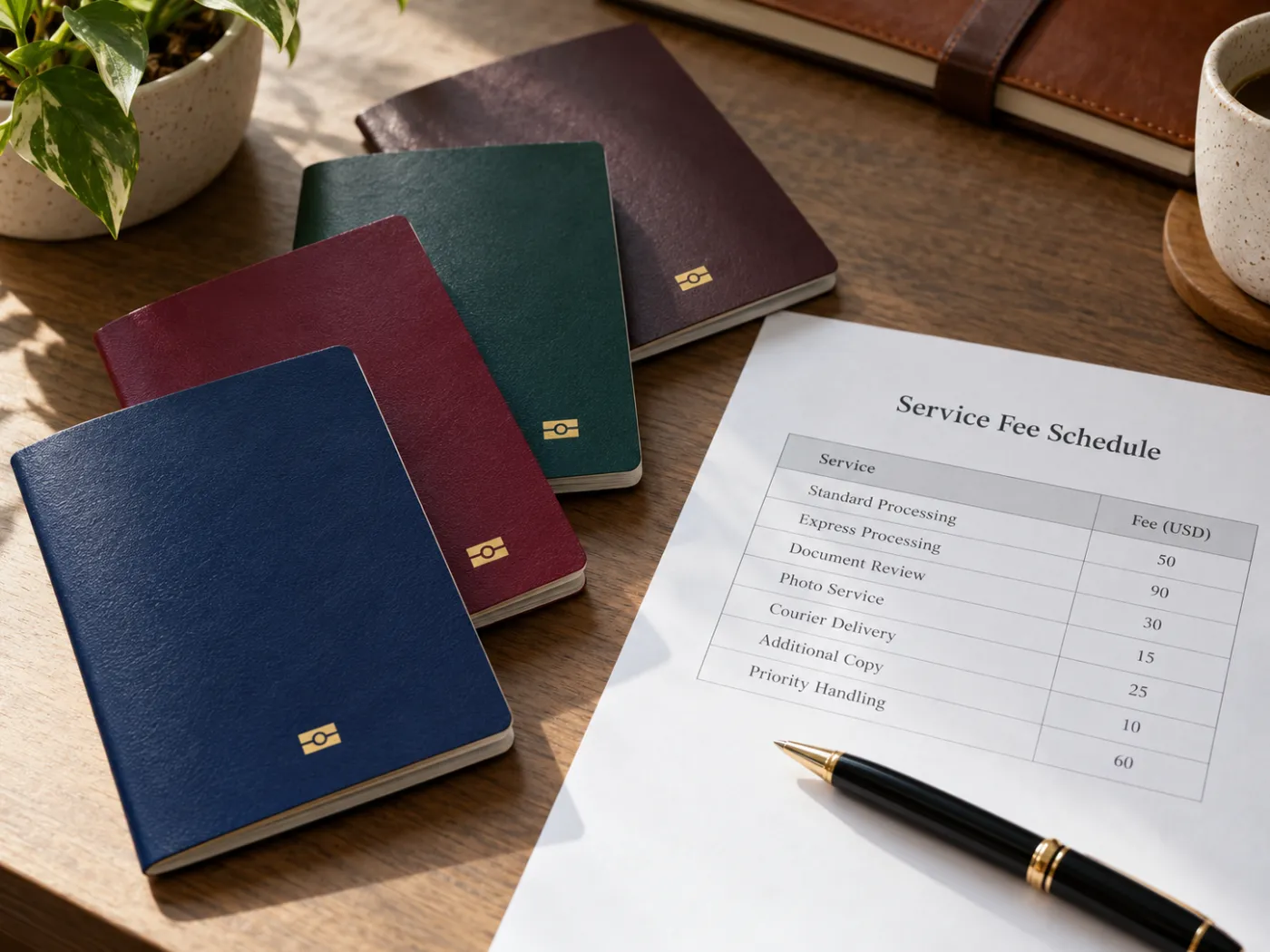 Passports on a desk next to a service fee schedule