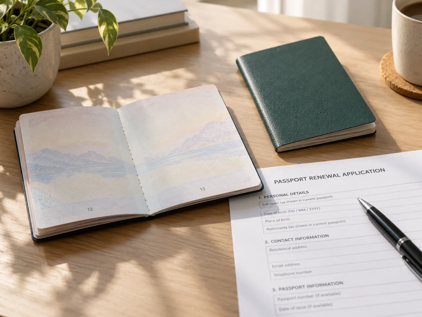 An open and a closed passport beside a passport renewal form