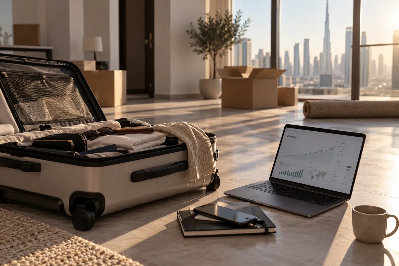 A packed suitcase and a laptop showing a portfolio chart in an apartment above the city