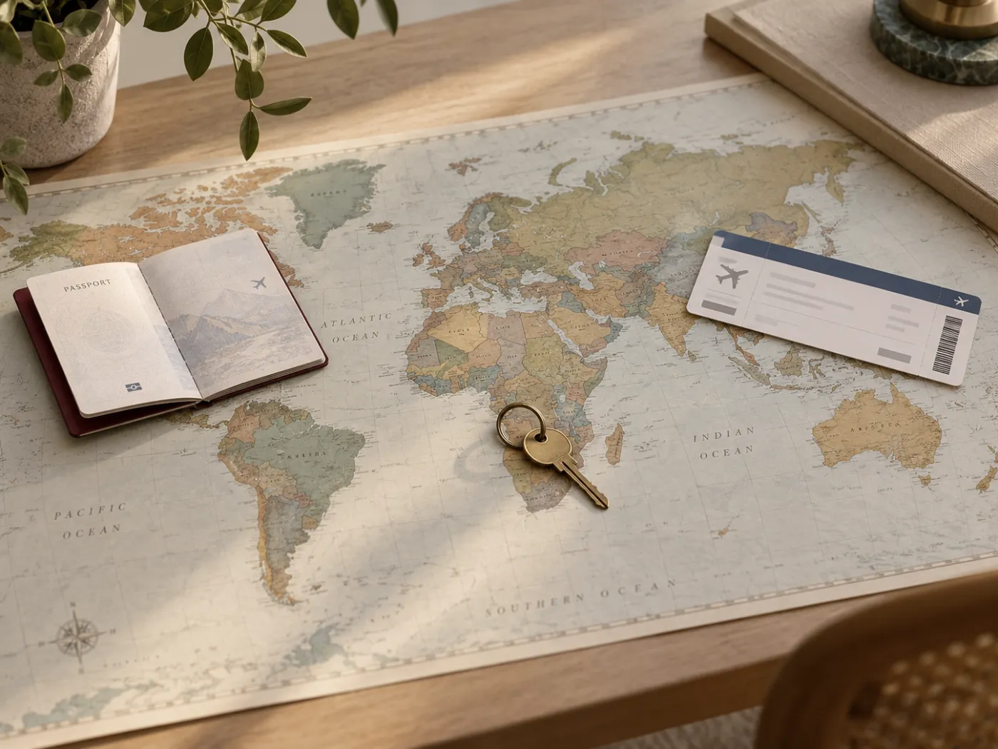 A passport, a house key and a boarding pass on a world map