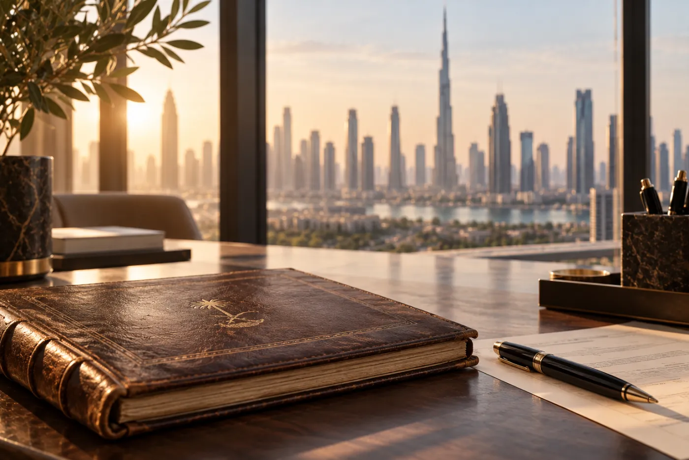 A leather-bound book and a pen on a desk overlooking the Dubai skyline