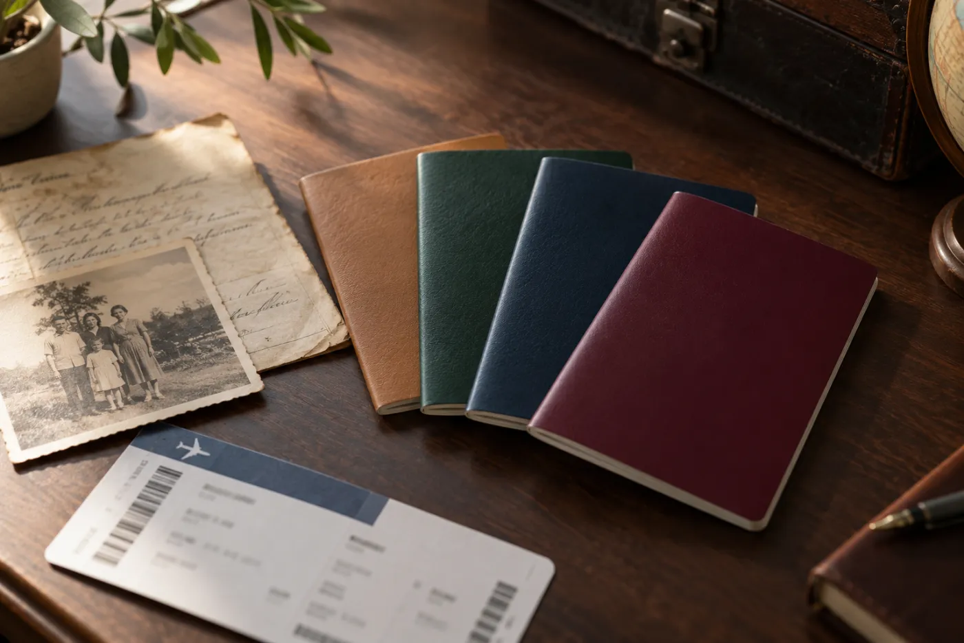 Passports in different colours beside old family photos and a boarding pass