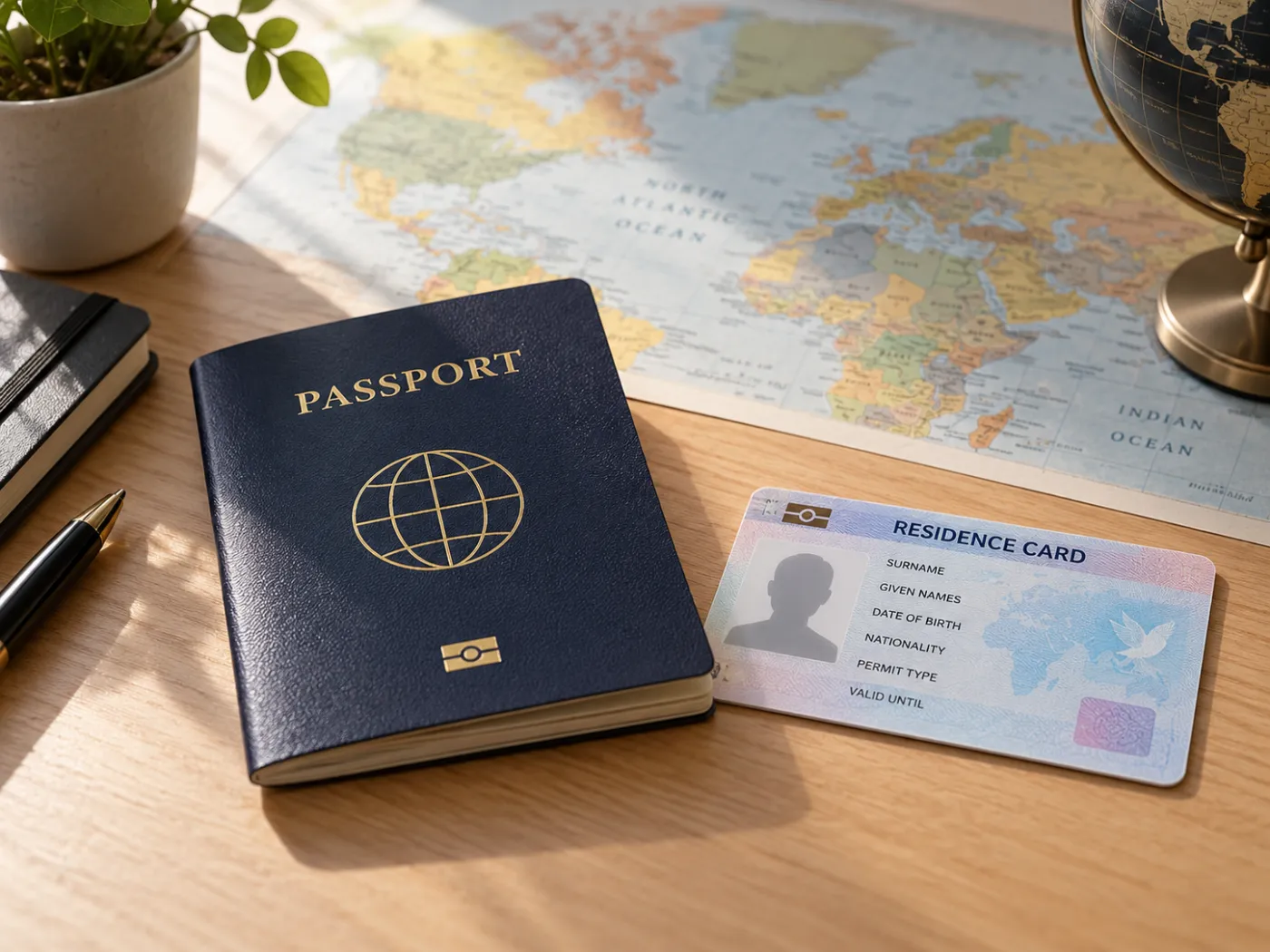 A passport and a residence card on a world map
