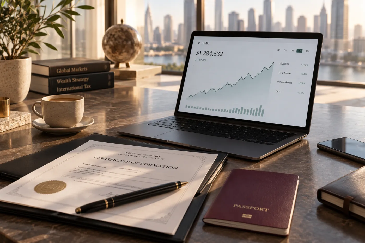 A laptop with a portfolio chart, a certificate of formation and a passport on a desk