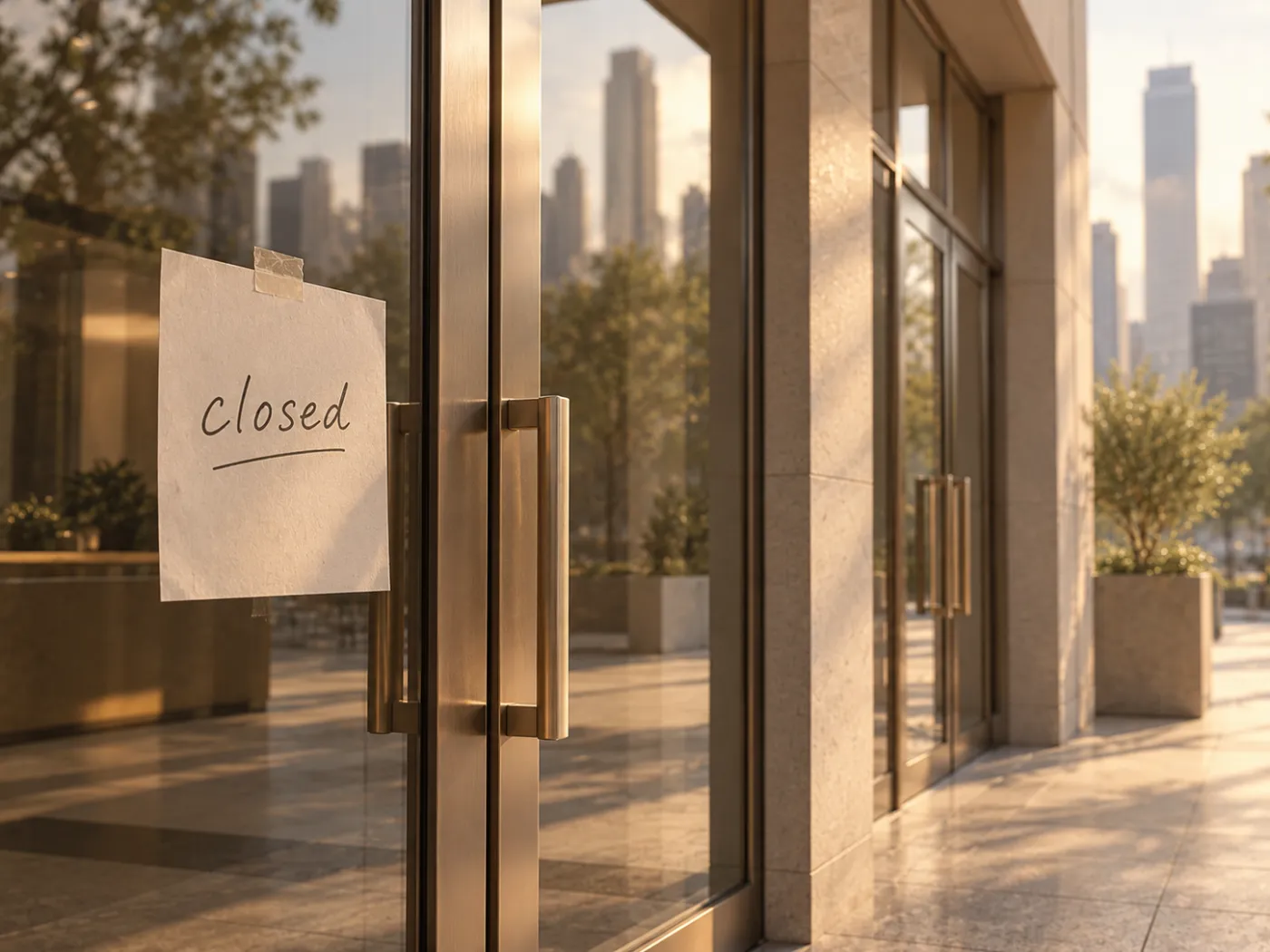 A bank entrance with a handwritten closed sign, the city skyline behind it