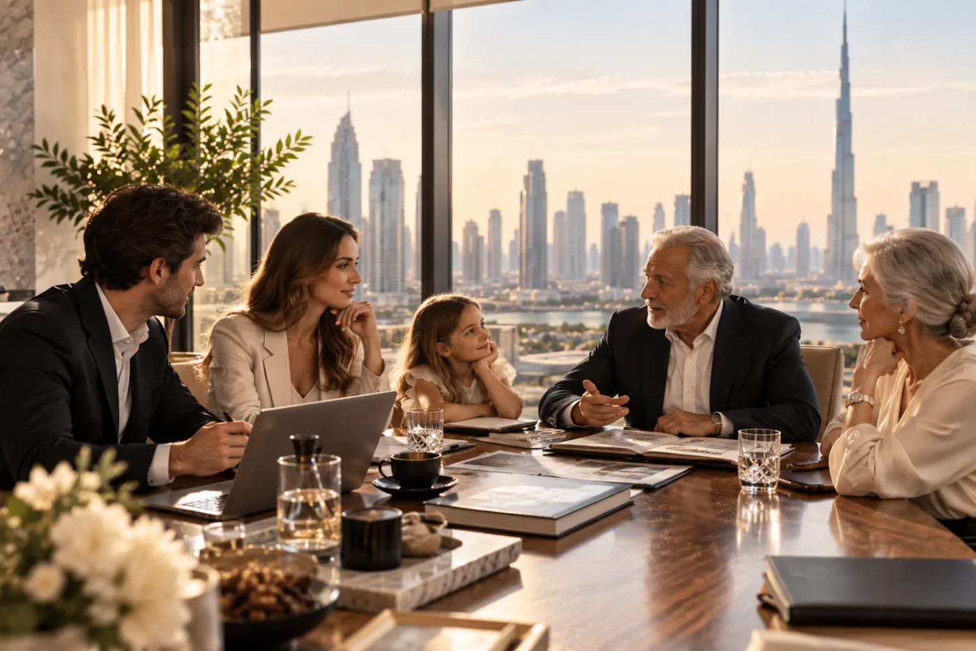 A family meeting with an adviser at a table overlooking the Dubai skyline